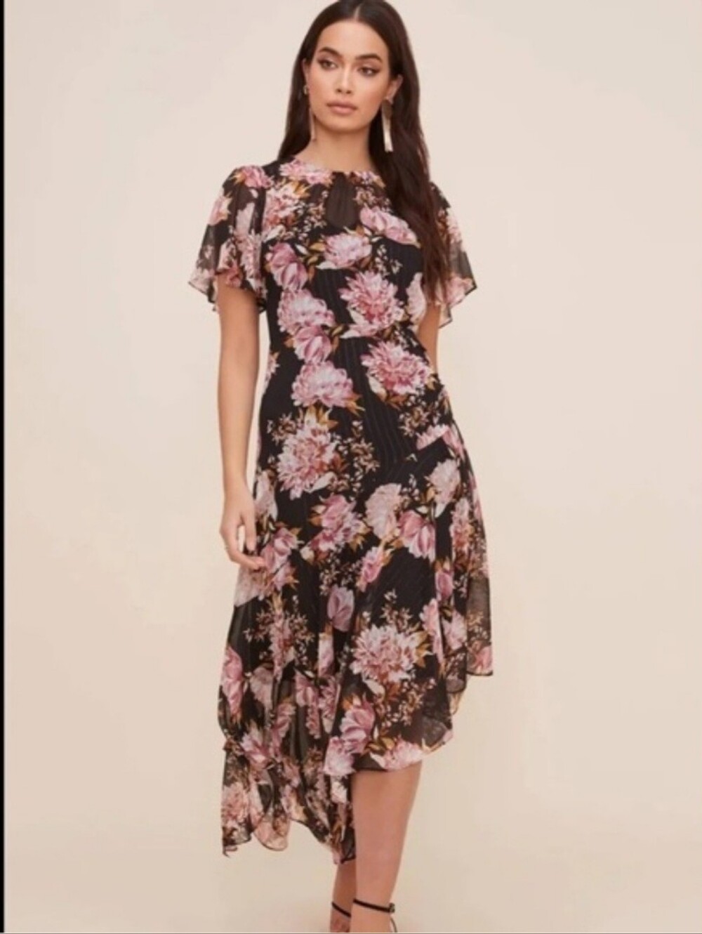 ASTR Black Flutter Sleeve Floral Maxi Dress with Pink Blooms Size M